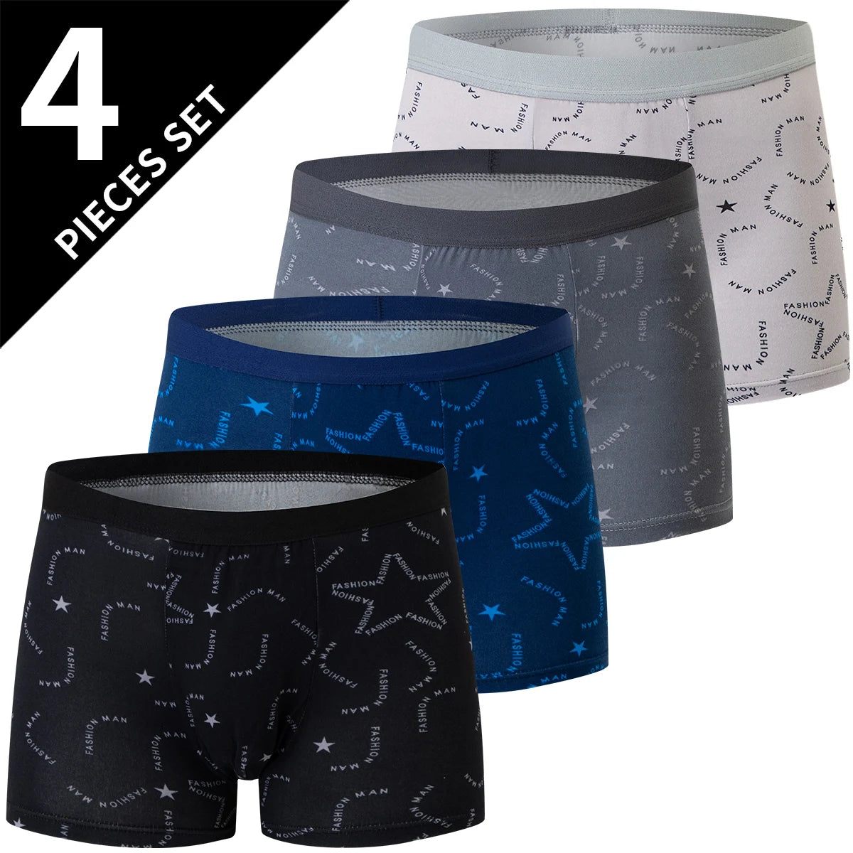 4-piece Set Of Men's English Letter Printed Underwear Breathable Fashionable Comfortable Plus Size Teenage Boxer Shorts Trendy