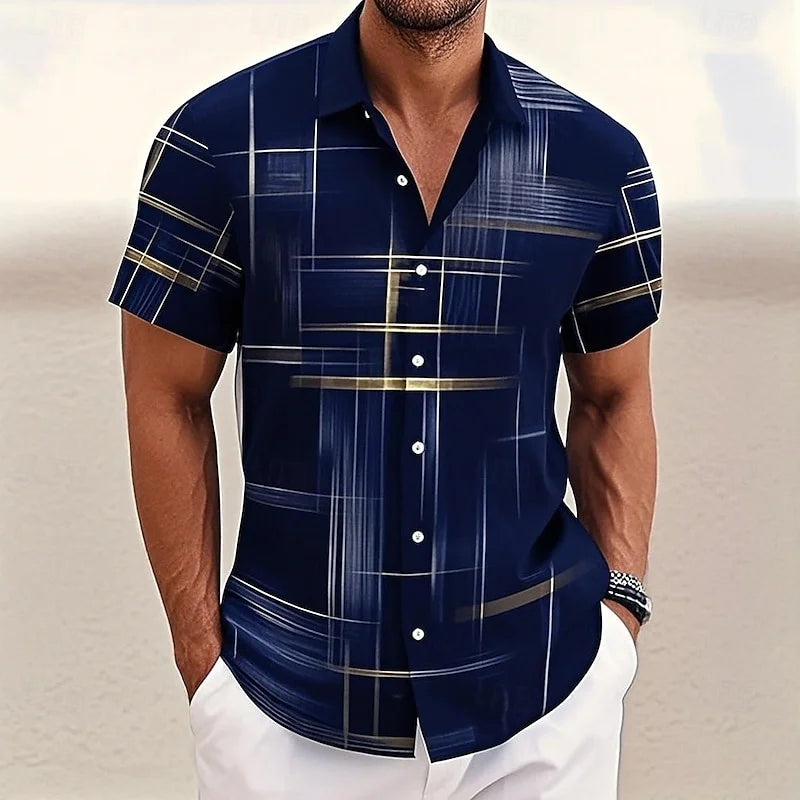 Men's Geometric Grid/Plaid Shirt Button-Down Shirt Short Sleeve Fashion Casual Resort Streetwear Summer Lapel 3D Printed Shirt
