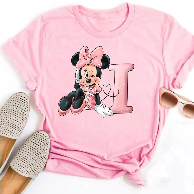 Disney Cartoon Minnie Mouse Letter A B C D E F Print Women Summer T Shirt Harajuku Casual Short Sleeves Pink Female Tshirts