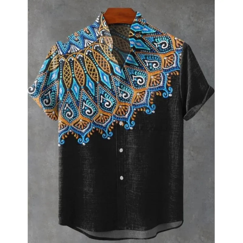 2025 Men's Mandala Flower Pattern Short Sleeve Shirt Summer Vintage New Linen Shirt men's Short Sleeve Leisure Holiday Streetwea
