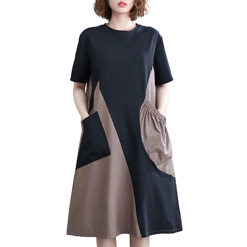 ZANZEA Korean Colorblock Patchwork Dress Women New Big Pocket Robe Summer Fashion Holiday Short Sleeve Mini Sundress Casual Robe