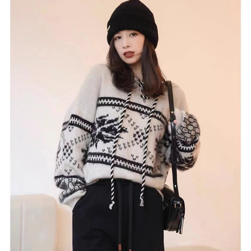 100% pure wool cashmere sweater women's 2024 autumn and winter new hooded collar pullover fashionable loose knit plus size top