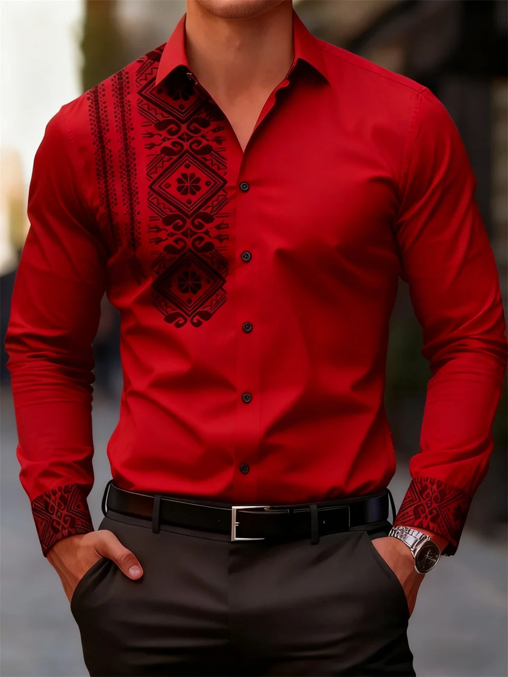 Men's black and white paisley printed casual shirt, suitable for business, daily office wear, and casual wear