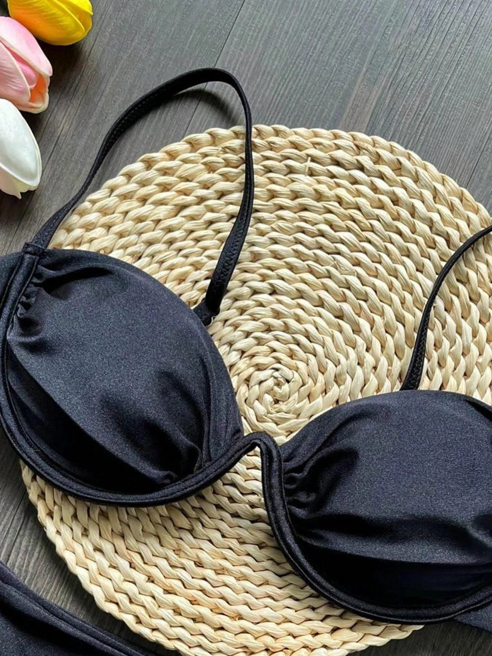 Sexy 3D Flower Bikini Set 2025 Women Black White V Wire Underwired Micro Mini Swimsuit Beach Bathing Suit Pleate Thong Swimwear