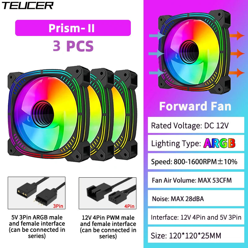 TEUCER Prism-2 1PCS/3PCS ARGB Case Fan, 120mm PWM 800-1600RPM 5V 3Pin RGB Gaming PC Cooling Fan