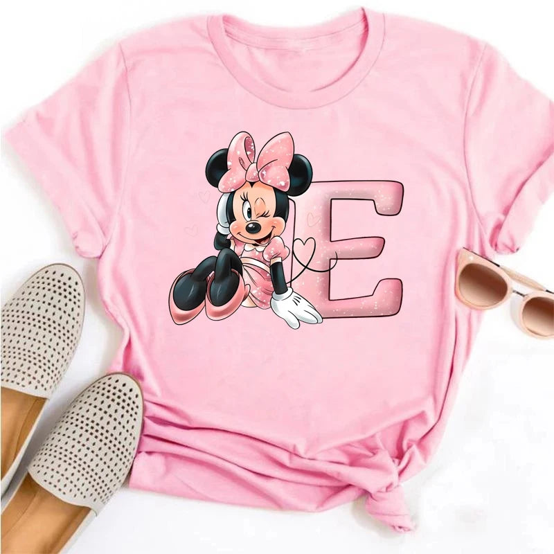 Disney Cartoon Minnie Mouse Letter A B C D E F Print Women Summer T Shirt Harajuku Casual Short Sleeves Pink Female Tshirts