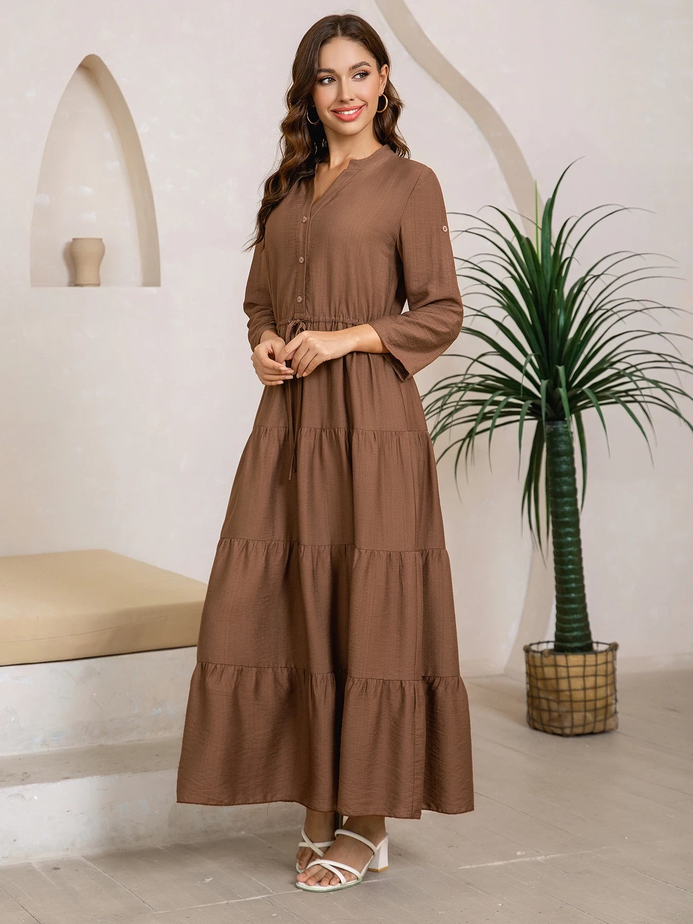Women's casual dress, V-neck, three-quarter sleeves, half-opening, drawstring waist, layered A-line skirt, brown, elegant mature