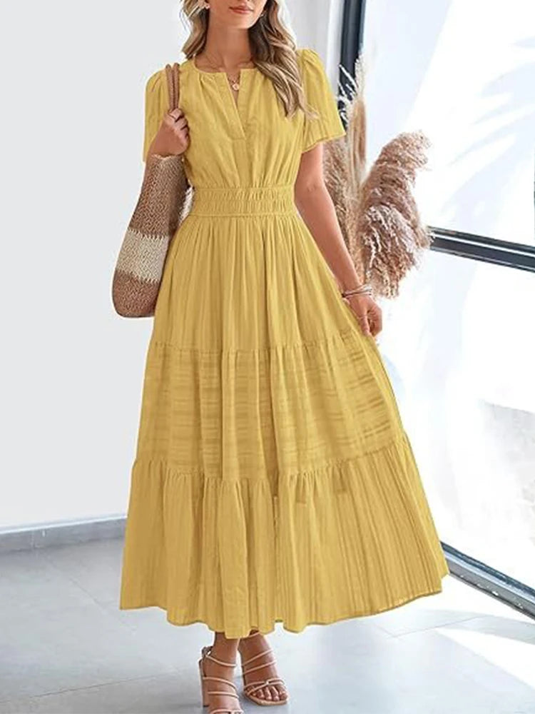 2025 Spring and Summer Cross border European and American Fashion Women's V-neck Folded Bubble Sleeve Layered Big Swing Dress