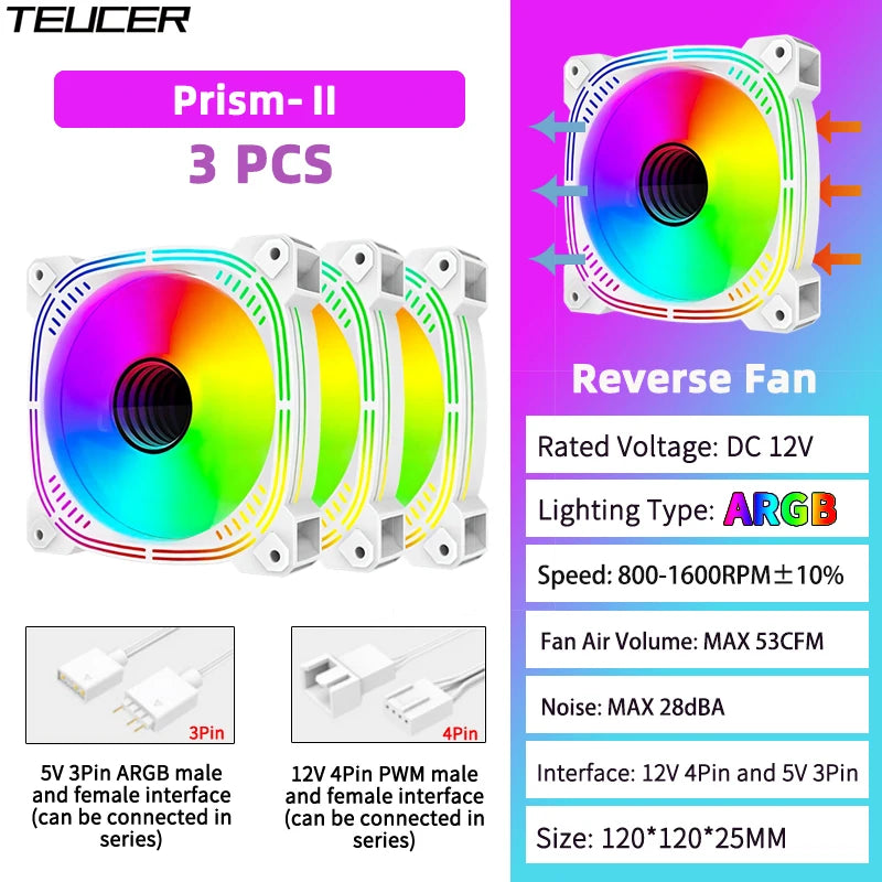 TEUCER Prism-2 1PCS/3PCS ARGB Case Fan, 120mm PWM 800-1600RPM 5V 3Pin RGB Gaming PC Cooling Fan