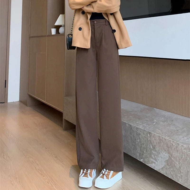 Women Thicken Commute Wide Leg Pants Lady Classic Brown Black Outside Trousers Female High Waisted Solid Color Casual Suit Pants