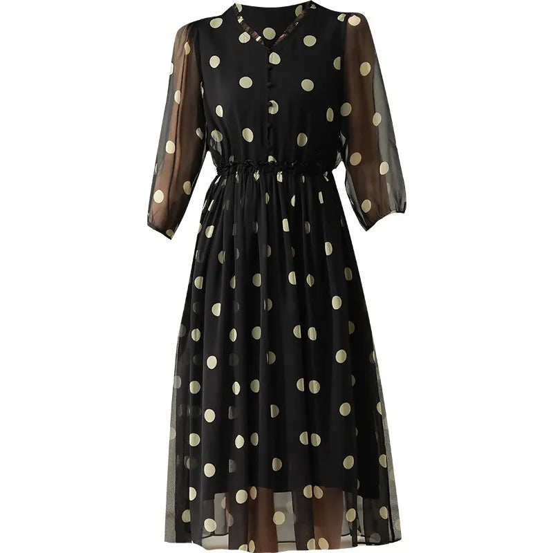 EVNISI V-neck High Waisted A-line Skirt Elegant Gentle Long Dress Round Dot Lantern Sleeve Chiffon Printing Fashion New