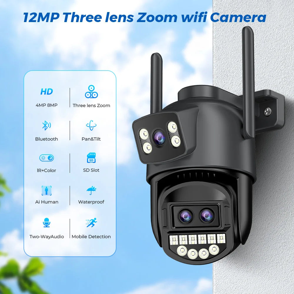 12MP 6K HD WiFi IP Camera Outdoor 8X Zoom Three Lens Dual Screen PTZ Camera Auto Tracking 6MP Security CCTV Surveillance Camera