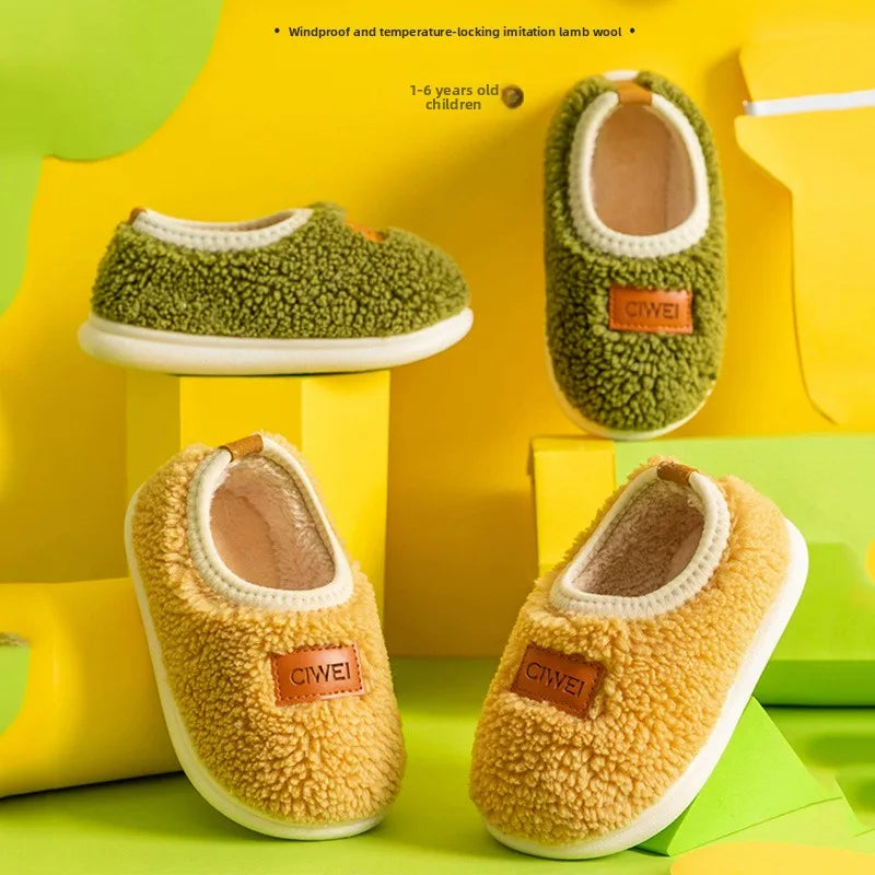Children Cotton Slippers Solid Warm Kids Winter Home Shoes Boys Girls Plush Floor Shoes Indoor Soft Sole Anti-slip Cotton Shoes