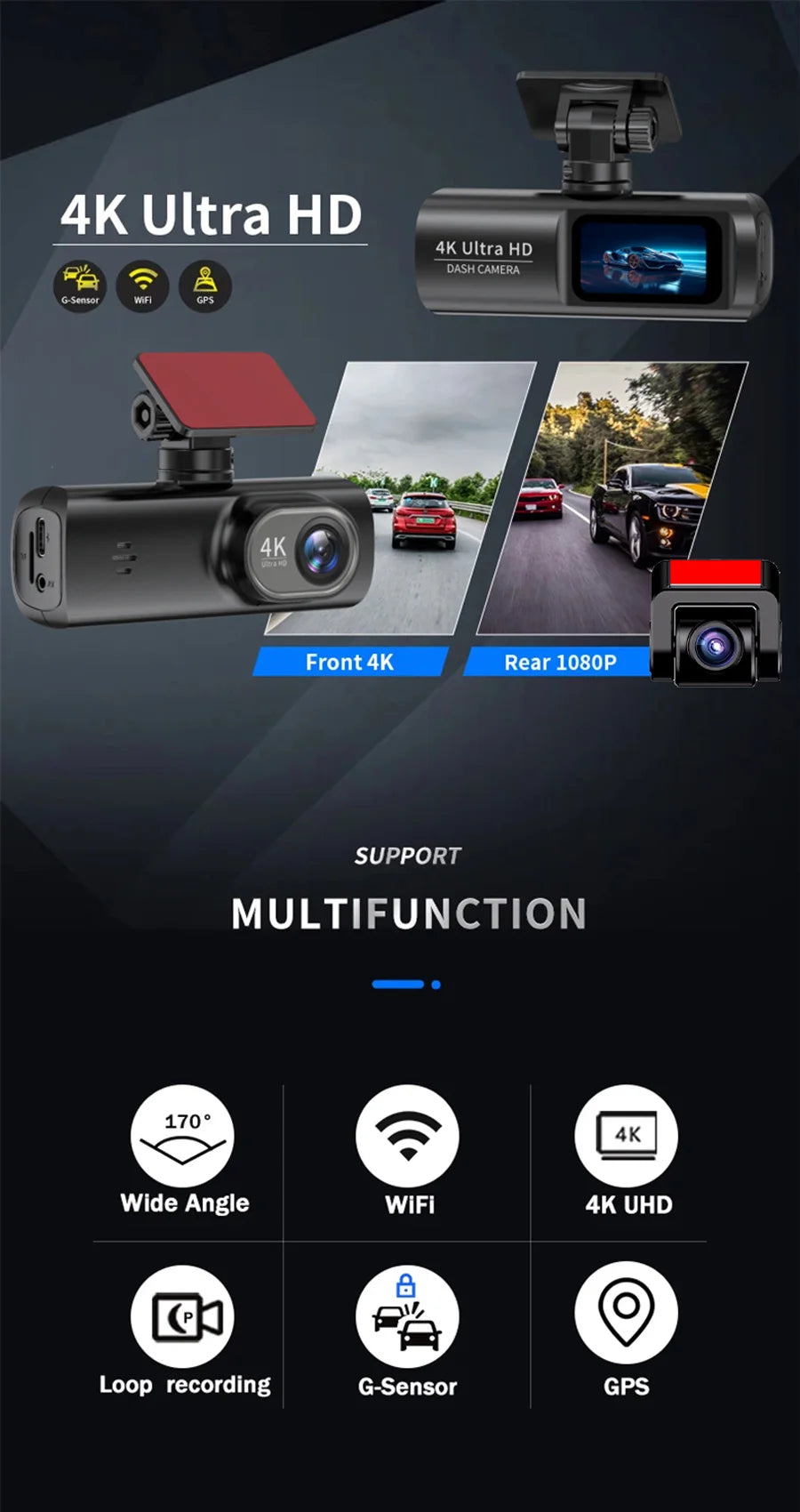 E-ACE Dash Cam 4K Car Video Recorder 170 ° Super Large Angle WIFI GPS 24H Parking Monitoring Car DVR 1080P Rear Camera Black Box