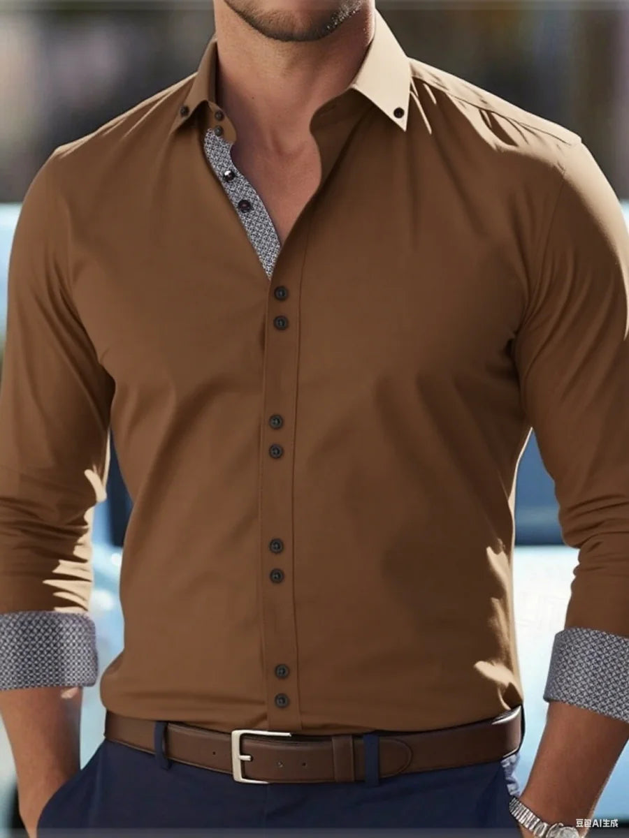New men's button-down business casual shirt - long-sleeved lapel summer shirt - stylish and elegant casual top