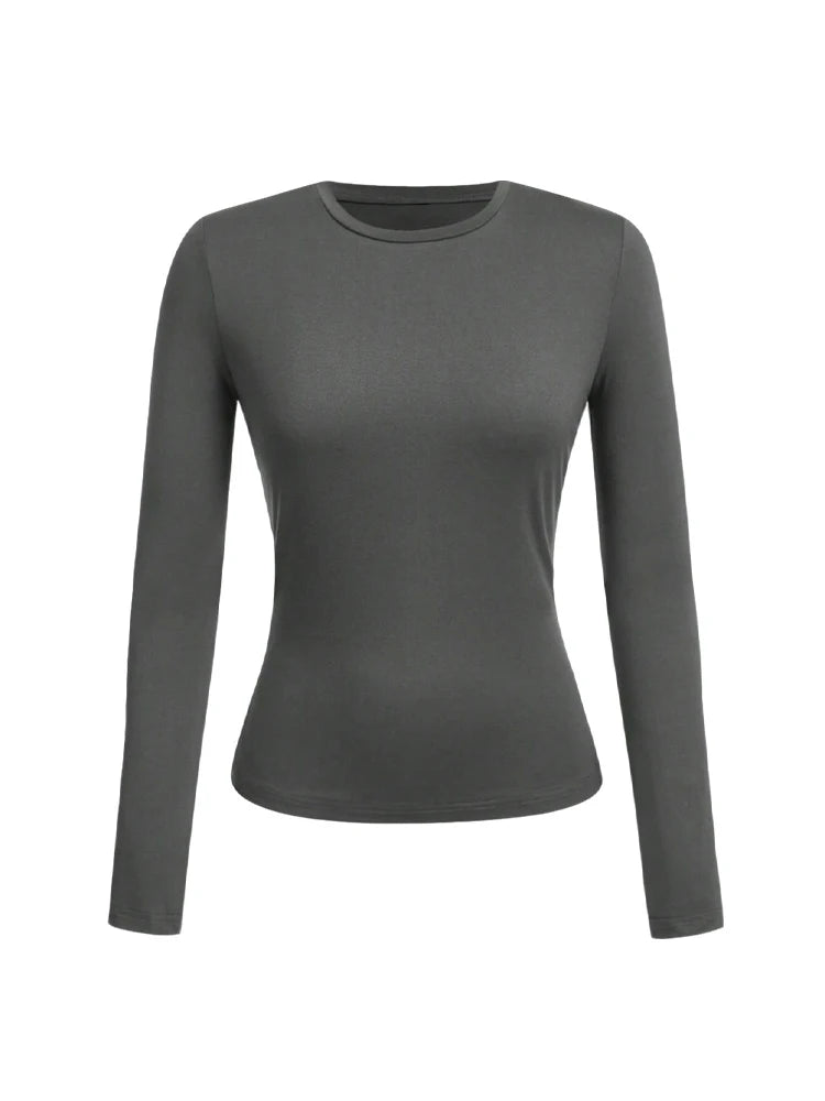 Women's solid-color long-sleeved T-shirt - Polyester knitted fabric, round neck, regular fit, fall-winter style