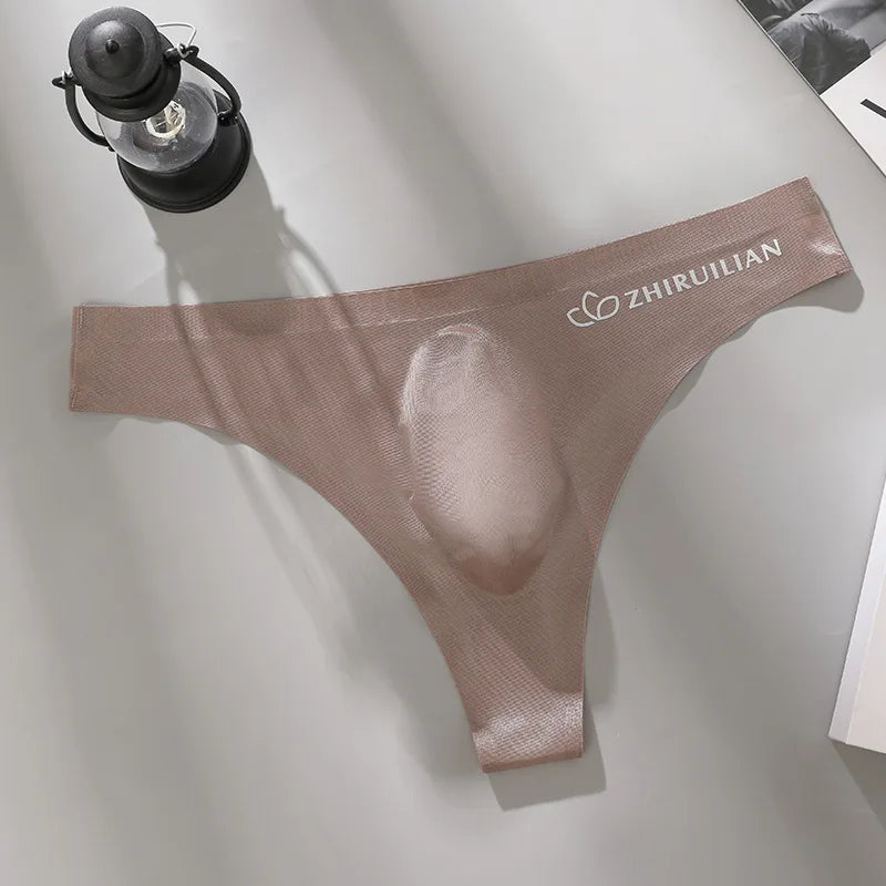 Men's Thongs Low Waist Underwear Sexy Ice Silk T-Back Panties Breathable Quick Drying G-string Seamless Ultra-thin Underpants