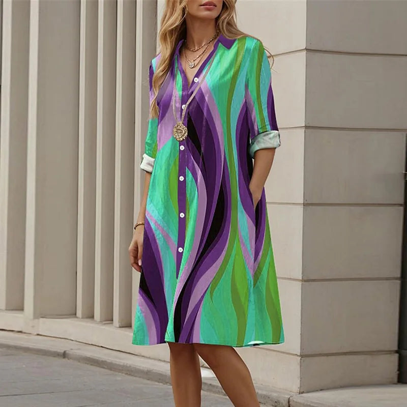 Vintage Printed Shirt Dress Women Casual Loose Straight Midi Dresses Plus Size Women Elegant Coforful Beach Party Dress 2024