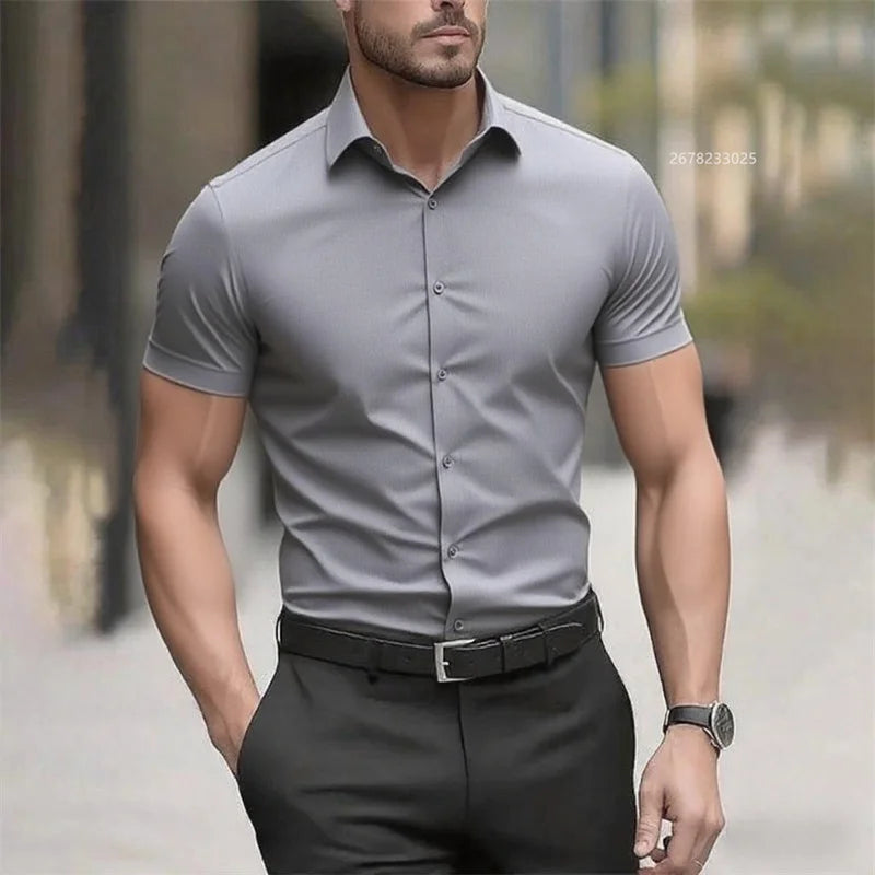 Solid color men's shirt casual shirt, high quality solid color short sleeve stretch fabric, business formal shirt, XS-6XL size