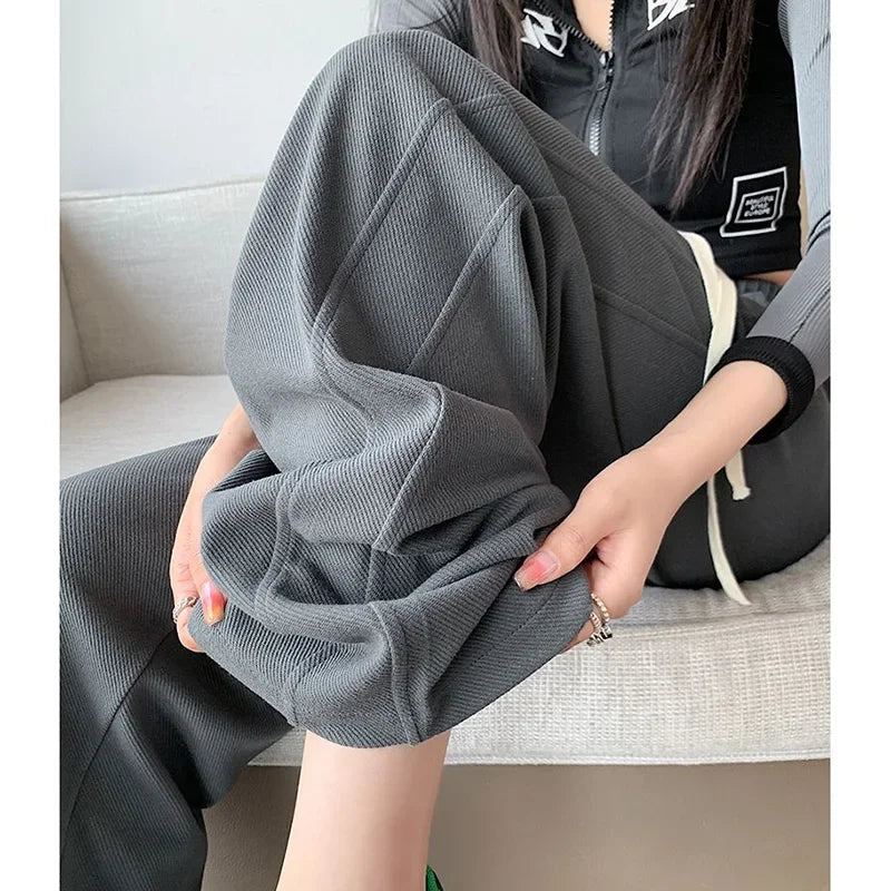 Lady Casual Daily High Waisted Sweatpants Women Drawstring Straight Leg Pants Girls Korean Slim Fit Thin Trousers