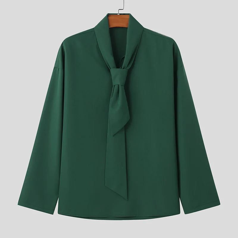 INCERUN Men Shirt Solid Color Lace Up Long Sleeve Loose Casual Men Clothing Streetwear 2024 Fashion Leisure Male Shirts S-5XL