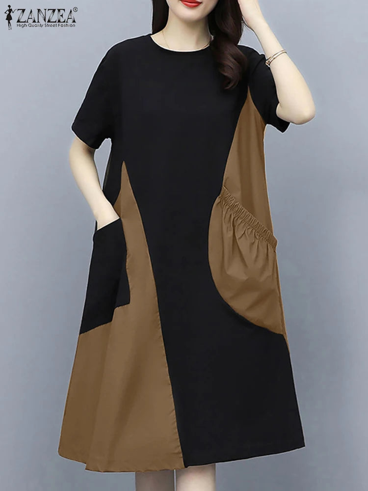 ZANZEA Korean Colorblock Patchwork Dress Women New Big Pocket Robe Summer Fashion Holiday Short Sleeve Mini Sundress Casual Robe