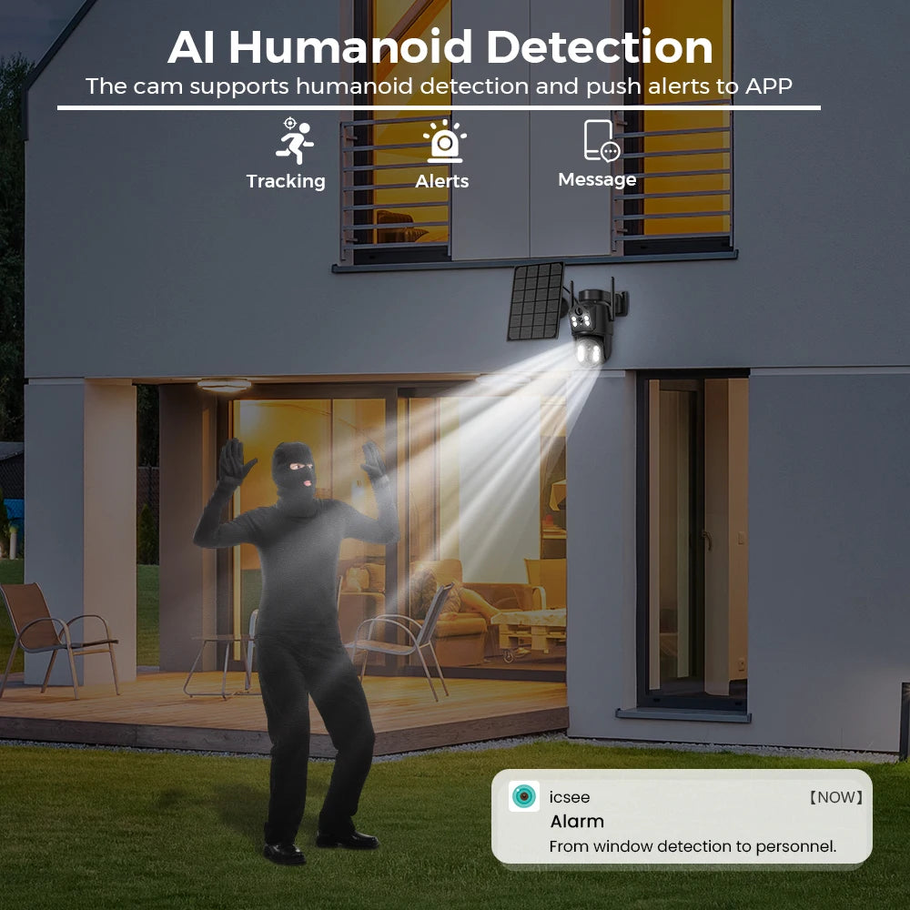 4K HD Solar WiFi Camera Outdoor Built-in Battery Dual Lens 2K Security Camera Solar Panel Wireless Video Surveillance CCTV iCSee