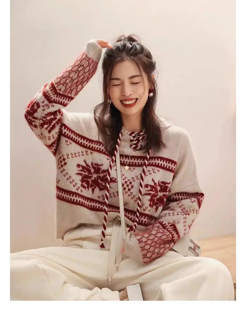 100% pure wool cashmere sweater women's 2024 autumn and winter new hooded collar pullover fashionable loose knit plus size top