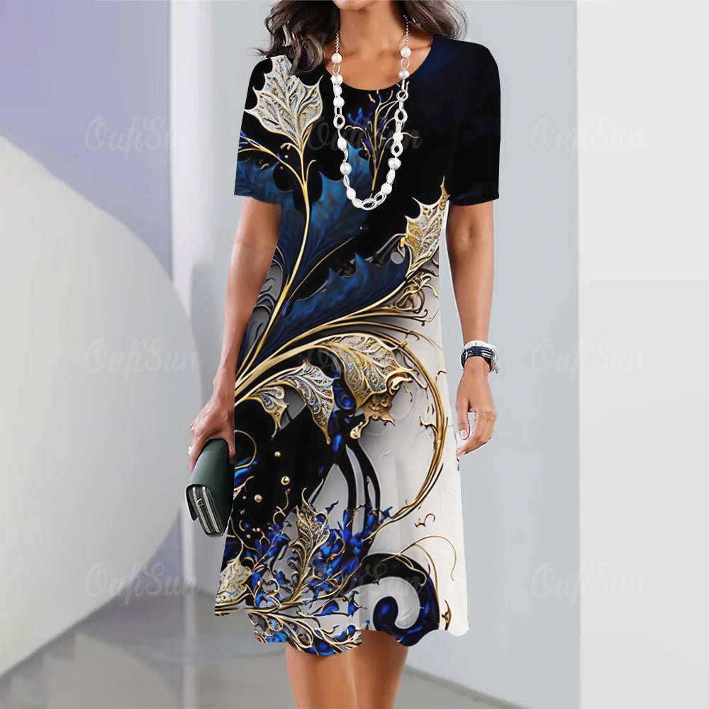 Summer Women'S Dresses 3d Art Flowers Printed Short Sleeve Clothing Elegant Loose A-Line Skirt Fashion Lady Large Size Dress