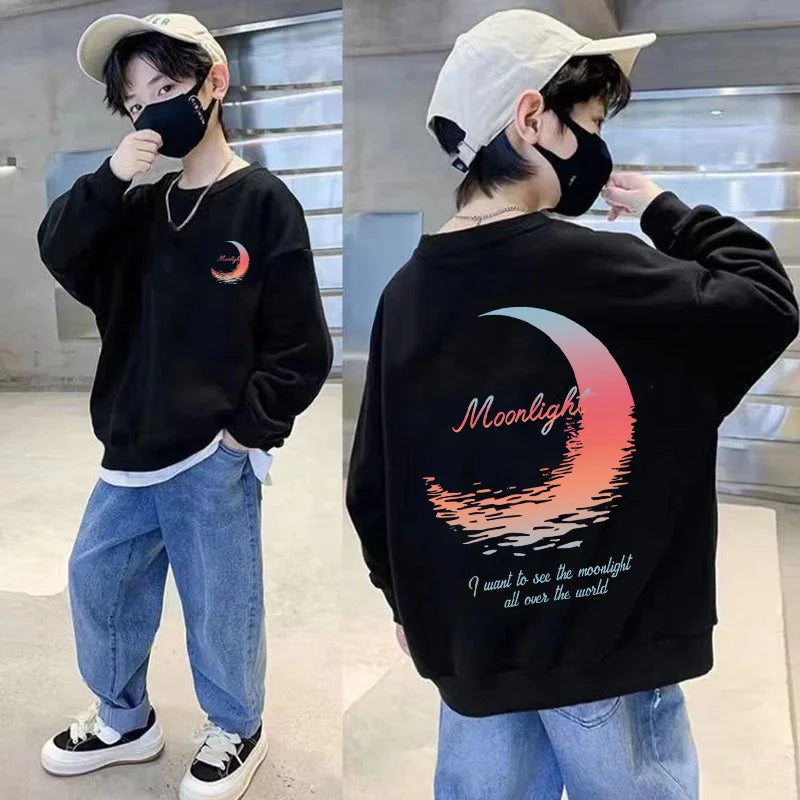 3-14 Years Boys Girls Sweatshirt Pullover Autumn Moon Graffiti Printed Long Sleeves T-Shirt Tops Korean Casual Kids Clothes 2025