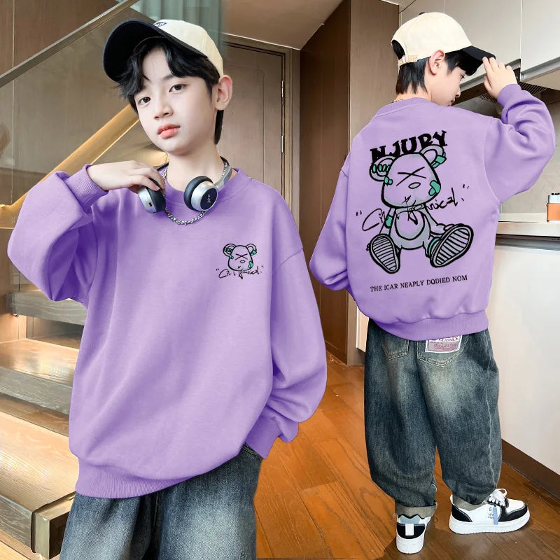 2025 Kids Clothes Boys Cartoon Bear Sweatshirts Loose Sports Round Neck Tops Autumn Clothing T Letter Printed Long-sleeve Hoodie