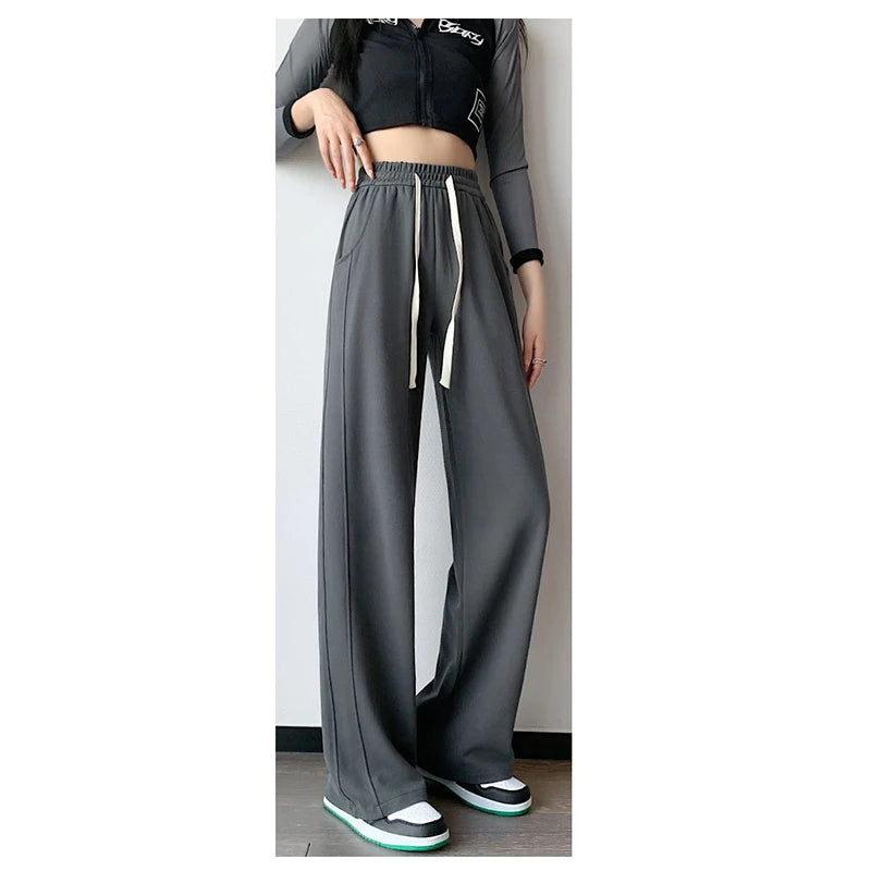 Lady Casual Daily High Waisted Sweatpants Women Drawstring Straight Leg Pants Girls Korean Slim Fit Thin Trousers