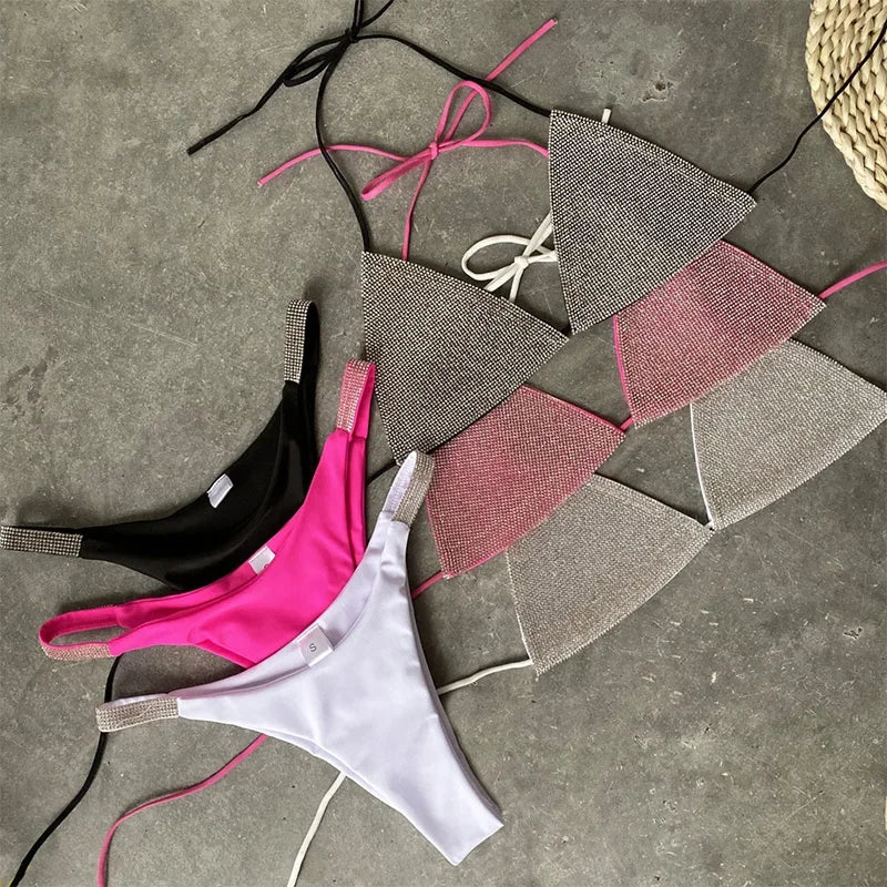 Halter Jewelled Sequins Diamond Bikini Women Swimsuit Female Swimwear Two Pieces Bikini Set Mini Micro Bathing Suit Swim Lady