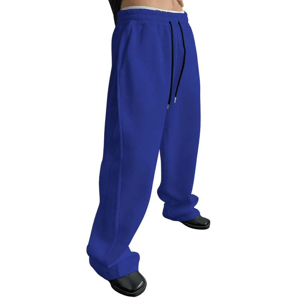 2025 New European and American Men's Sports Pants with Drawstring Waist, Wide Legs, Loose Pants with Pockets