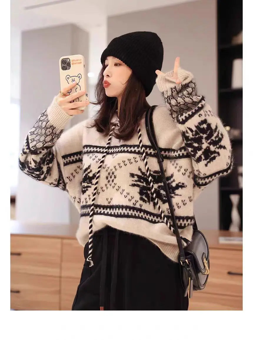 100% pure wool cashmere sweater women's 2024 autumn and winter new hooded collar pullover fashionable loose knit plus size top
