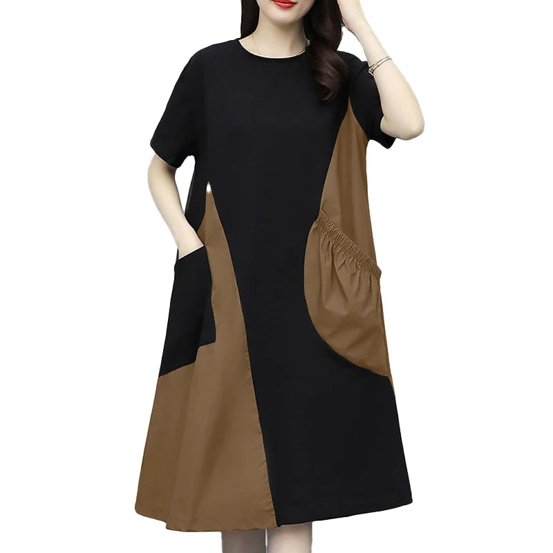 ZANZEA Korean Colorblock Patchwork Dress Women New Big Pocket Robe Summer Fashion Holiday Short Sleeve Mini Sundress Casual Robe