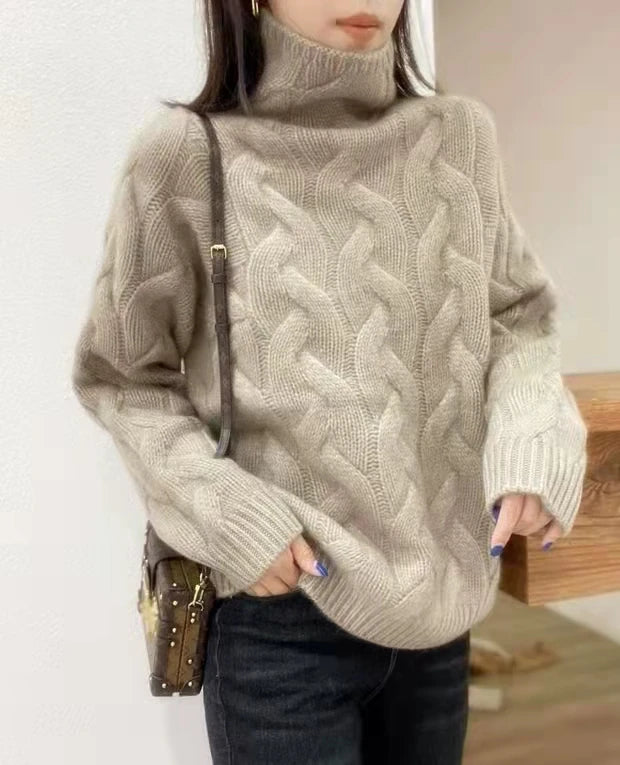 100% pure cashmere sweater women's autumn and winter high-necked loose twisted thick lazy wind bottoming plus size sweater