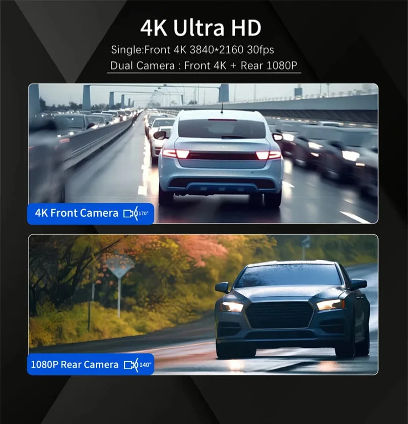 E-ACE Dash Cam 4K Car Video Recorder 170 ° Super Large Angle WIFI GPS 24H Parking Monitoring Car DVR 1080P Rear Camera Black Box