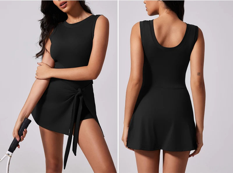 VITALINOVO Tennis Dress for Women with Built in Shorts Womens Athletic Dresses Sleeveless Boat Neck Active Workout Skort Dress