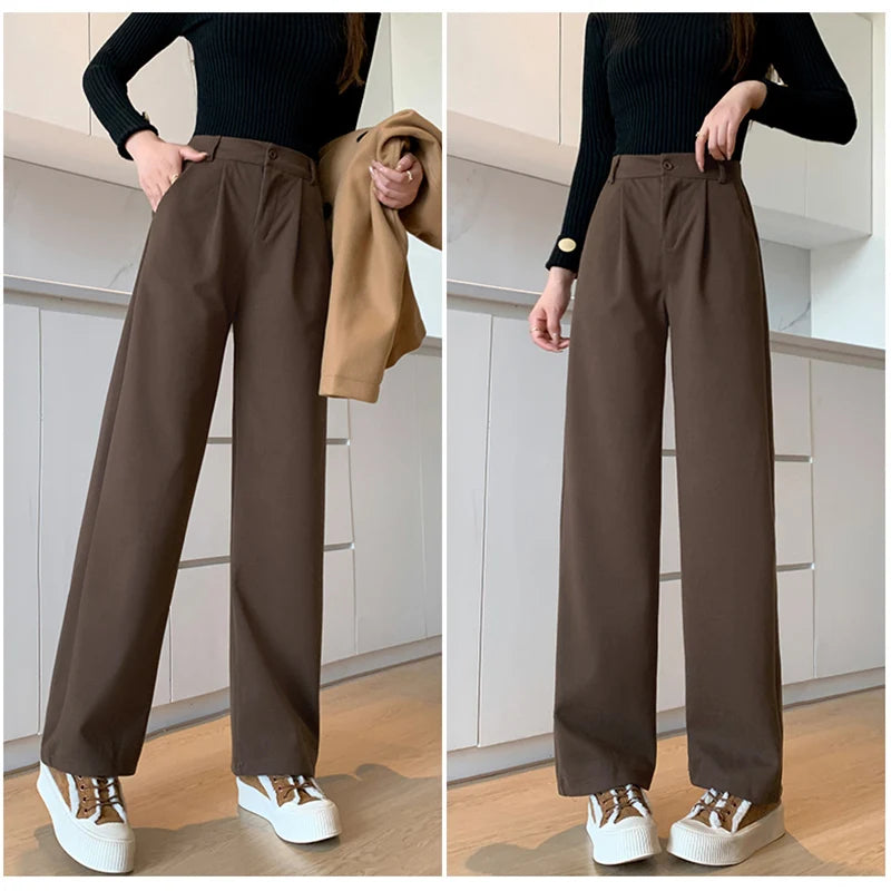 Women Thicken Commute Wide Leg Pants Lady Classic Brown Black Outside Trousers Female High Waisted Solid Color Casual Suit Pants