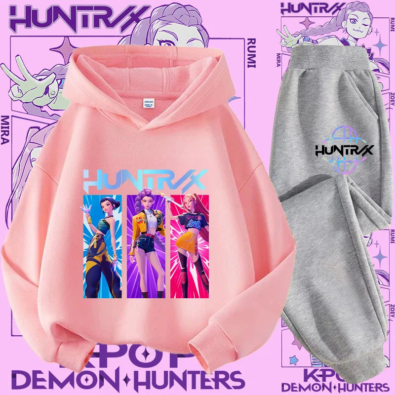 K-pop Demon Hunter New Children's Hoodie Set - Cute Girls' Casual Top for Kids,Boys' Sports Shirt with Cartoon Print-2-Piece Set