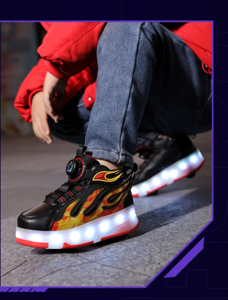 2025 New children's four-wheel novice light up rotary button automatic shrinkage fast walking shoes for boys sneakers