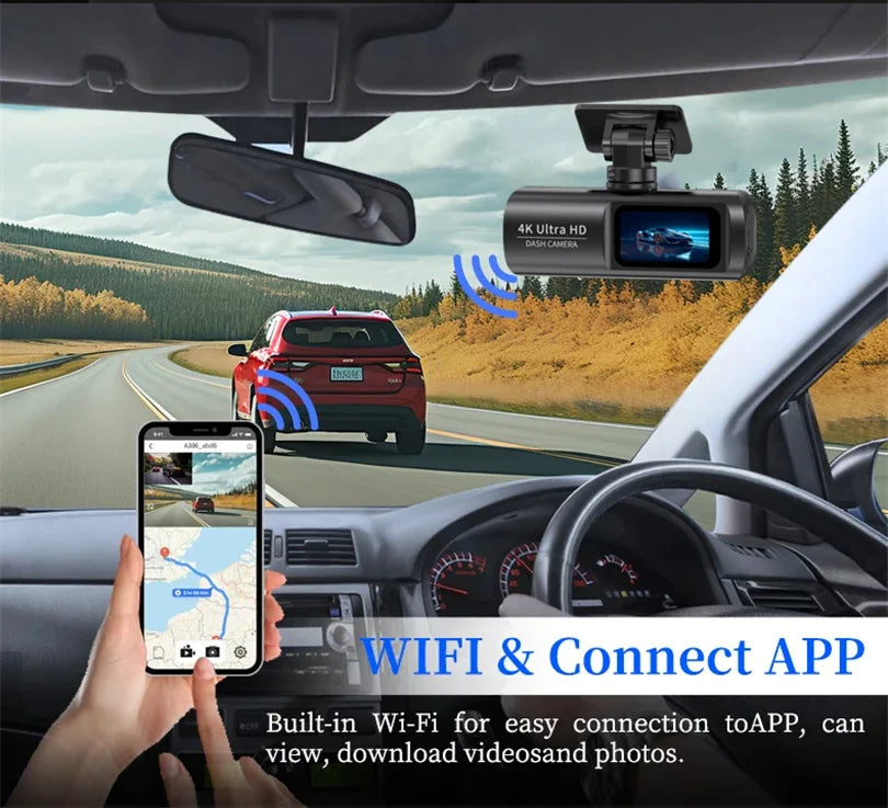 E-ACE Dash Cam 4K Car Video Recorder 170 ° Super Large Angle WIFI GPS 24H Parking Monitoring Car DVR 1080P Rear Camera Black Box