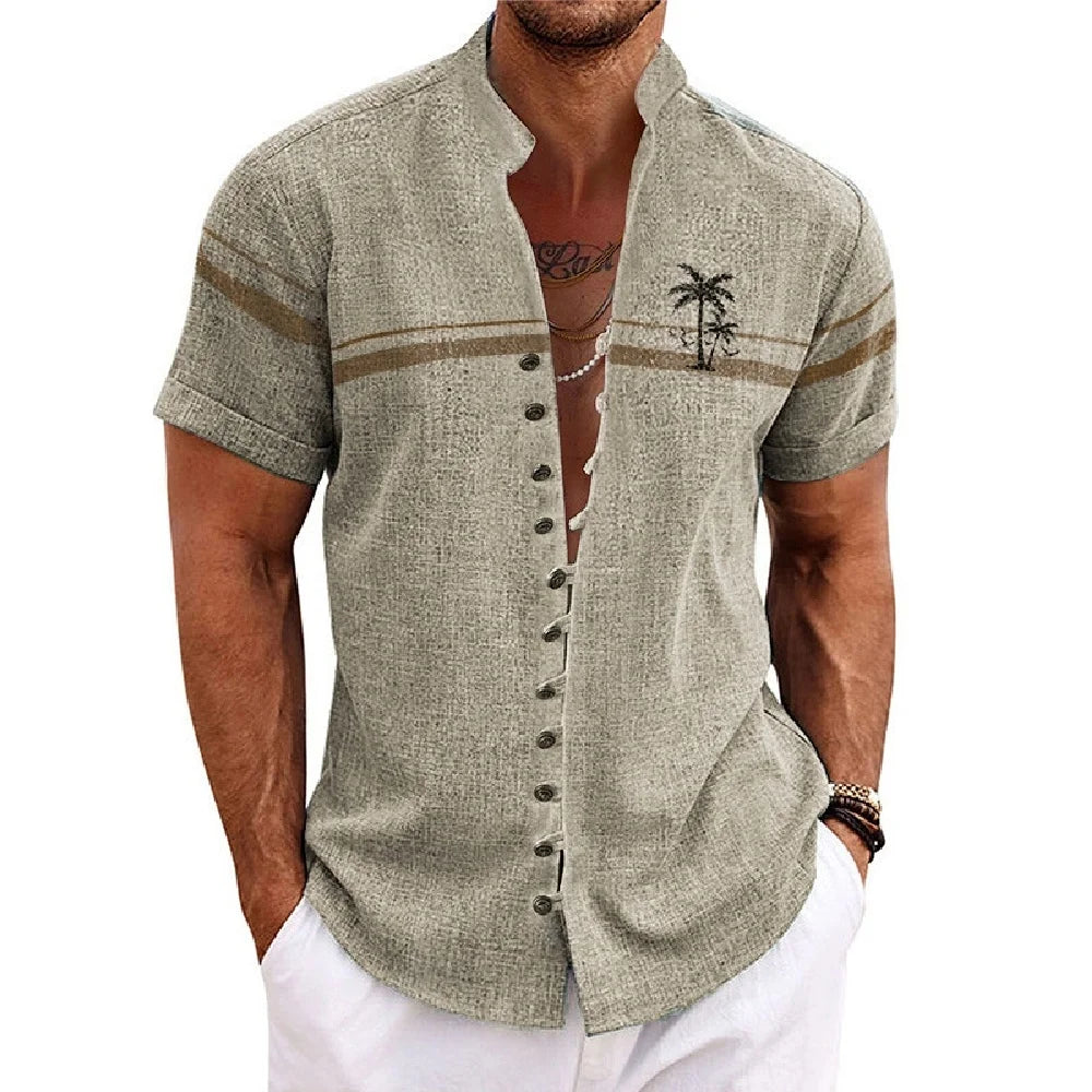 New men's linen short-sleeved shirt, with a fashionable retro style, ethnic motif printing, comfortable and breathable. Men's sh