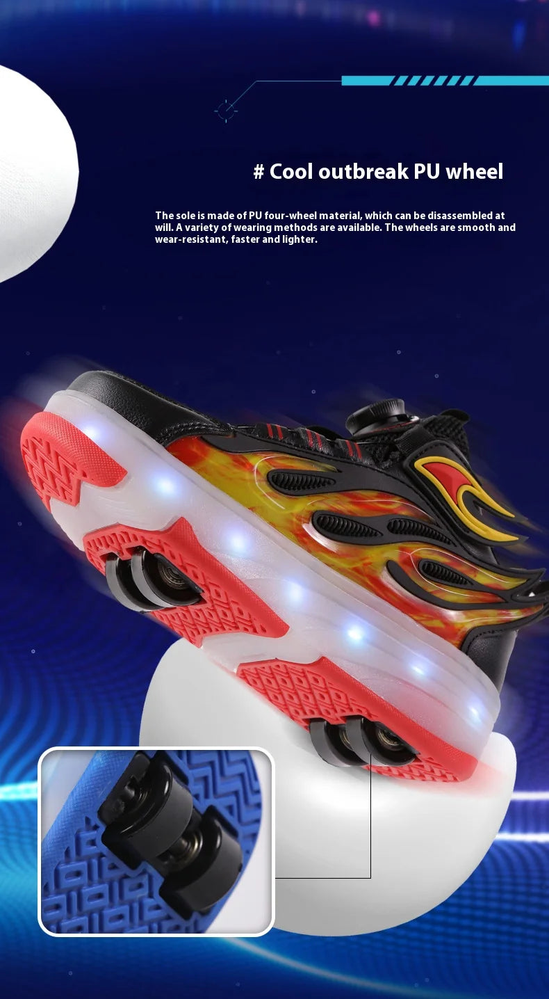 2025 New children's four-wheel novice light up rotary button automatic shrinkage fast walking shoes for boys sneakers