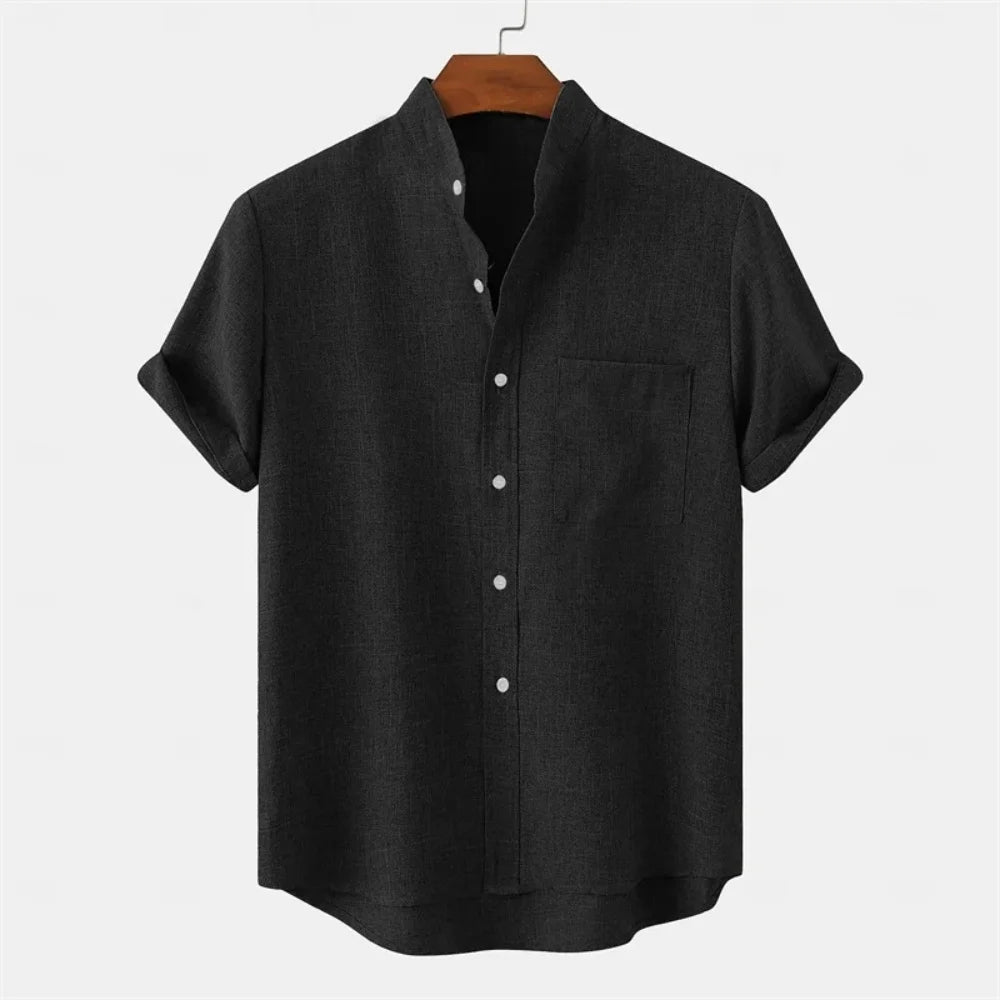Summer new men's pure-color linen short-sleeved collared shirt - Casual enhanced version men's shirt - Fast shipping