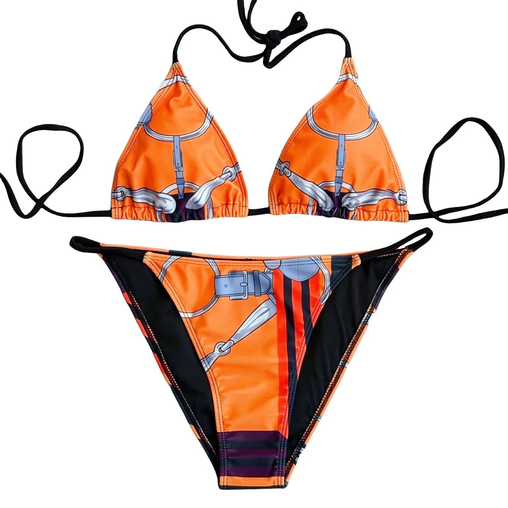 Luxury Sexy Orange Geometry Print Bikini 2 pieces Set Women Halter Elastic Thong Swimsuit Beach Bathing Suit Holiday Beachwear