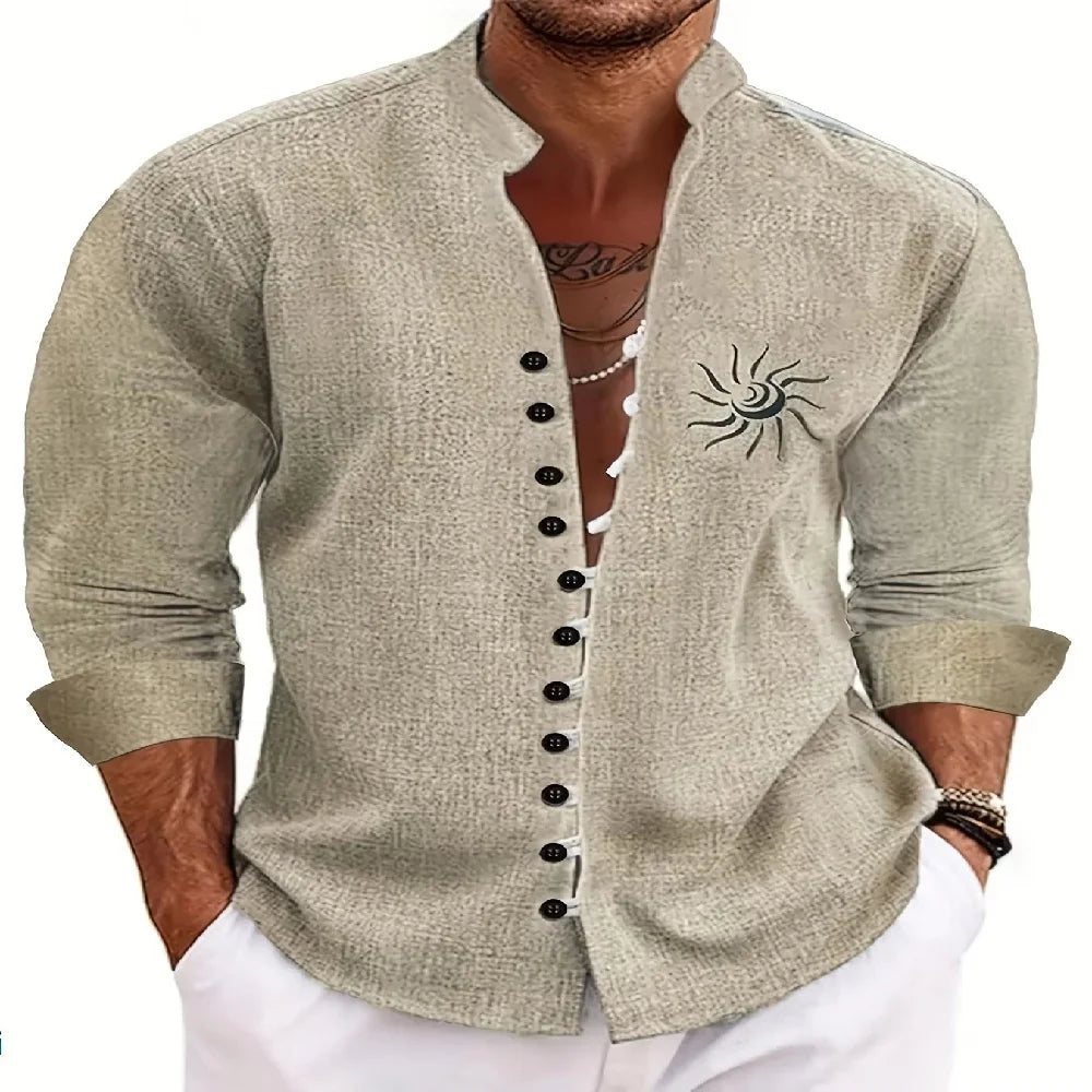 New men's linen short-sleeved shirt, with a fashionable retro style, ethnic motif printing, comfortable and breathable. Men's sh