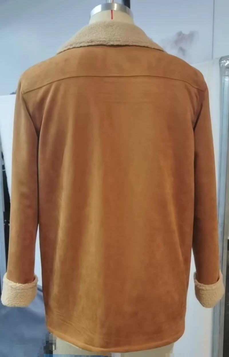 2025 Men's Vintage Suede Shearling Coat, Fleece Lined Mid-Length Jacket with Zipper Pockets, Reverse Collar, and Warm Wool Fur