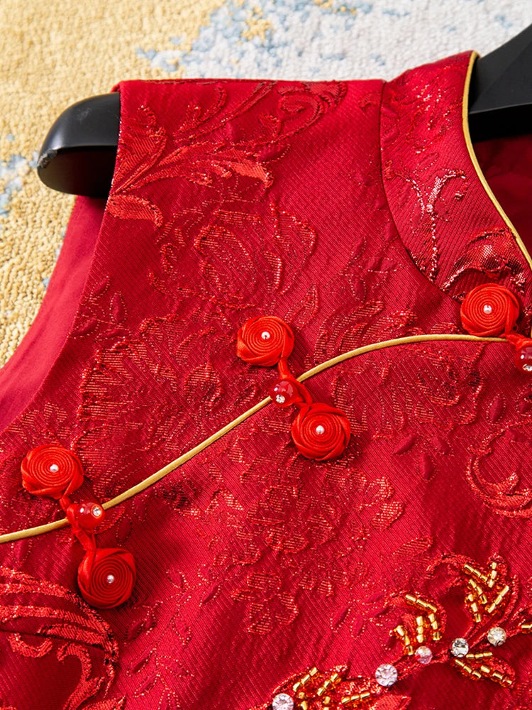 Red Chinese Style Sleeveless Beaded Dress for Wedding, Banquet, Evening Party Elegant Midi Dress for Women